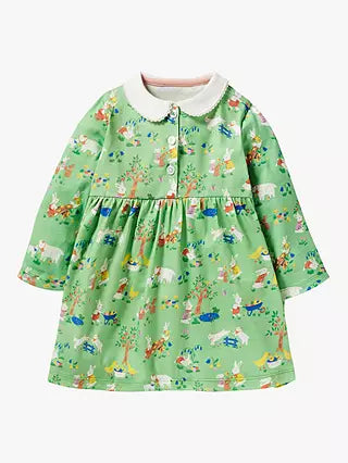 Baby Boden Kids Long Sleeve Jersey Collared Dress in Green/Fountain Spring Time