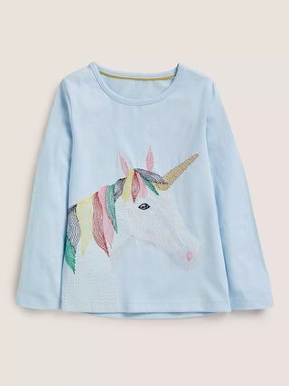 Mini Boden Girl's Long Sleeve Superstitch T-Shirt in Provence Blue Unicorn (Slightly Defect)