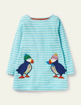 Mini Boden Girl's Applique Pocket Tunic in Aqua/Ivory Puffins (SLIGHTLY DEFECT)