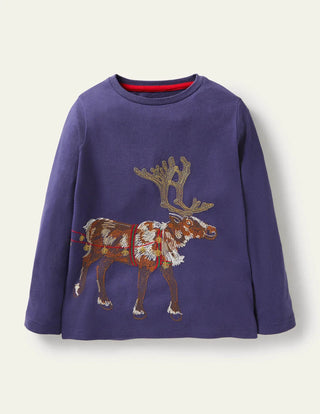 Mini Boden Boy's Long Sleeve Embroiderd Festive Superstitch T-Shirt in Blue Reindeer (Slightly Defect)