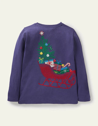 Mini Boden Boy's Long Sleeve Embroiderd Festive Superstitch T-Shirt in Blue Reindeer (Slightly Defect)