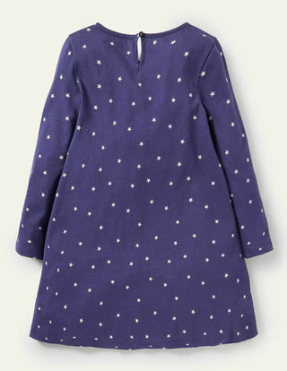 Mini Boden Girl's Big Applique Jersey Dress in Starboard Blue Space Scene