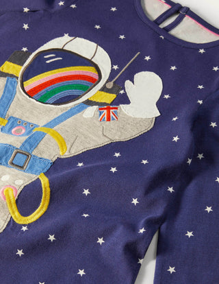 Mini Boden Girl's Big Applique Jersey Dress in Starboard Blue Space Scene (Slightly Defect)