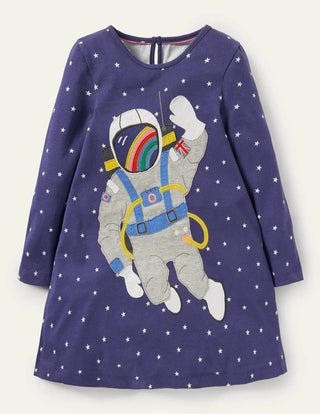 Mini Boden Big Applique Jersey Dress Starboard Blue Space Scene