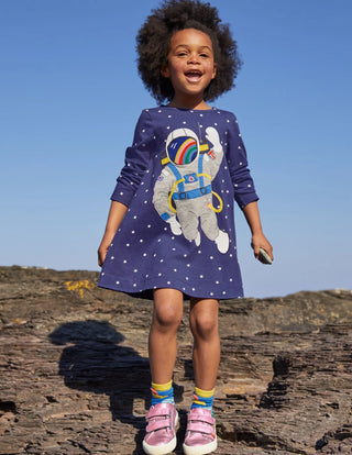 Mini Boden Girl's Big Applique Jersey Dress in Starboard Blue Space Scene