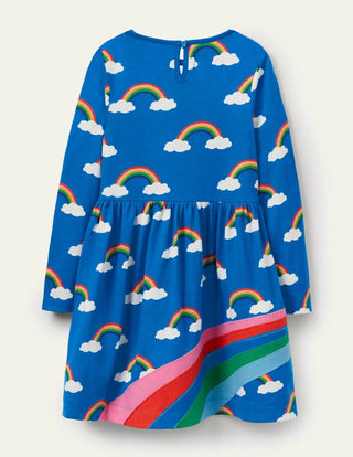 Mini Boden Girl's Fun Applique Dress in Moroccan Blue Rainbow Cloud (Slightly Defect