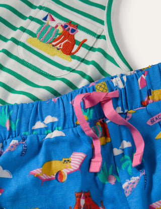 Mini Boden Fun Pocket Pyjama Set in Moroccan Blue Holiday Cats