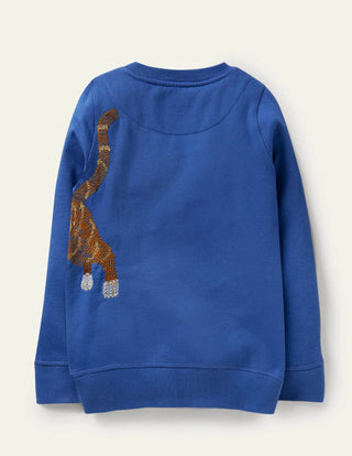 Mini Boden Girl's Superstitch Sweatshirt in Elizabethan Blue Kitten