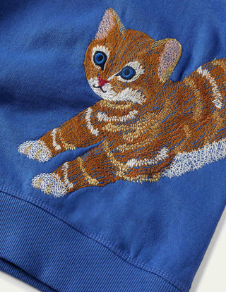 Mini Boden Girl's Superstitch Sweatshirt in Elizabethan Blue Kitten (Slightly Defect)