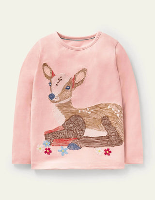 Mini Boden Girl's Superstitch T-shirt in Boto Pink Deer