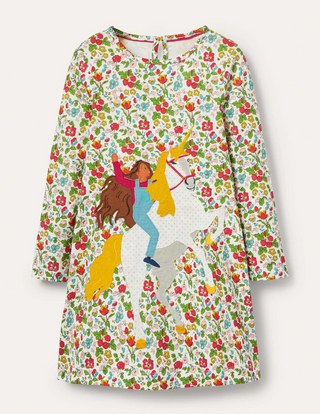 Mini Boden Girl's Big Appliqué Jersey Dress in Ivory Autumn Berry Unicorn