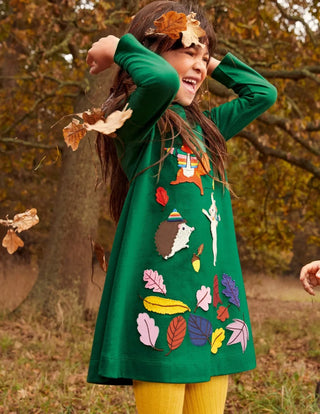 Mini Boden Girl's Big Applique Jersey Dress in Forest Green Animals (Slightly Defect)