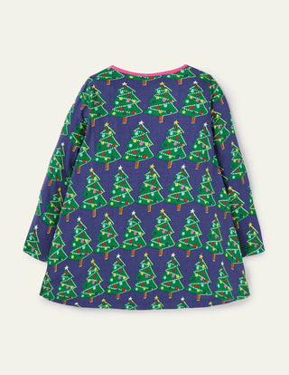 Mini Boden Girl's Printed Jersey Pocket Tunic in Starboard Blue Christmas Trees (Slightly Defect)