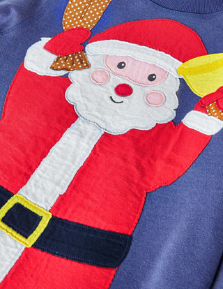 Mini Boden Girl's Cosy Front & Back Applique Festive Sweatshirt in Navy Santa (SLIGHTLY DEFECT)