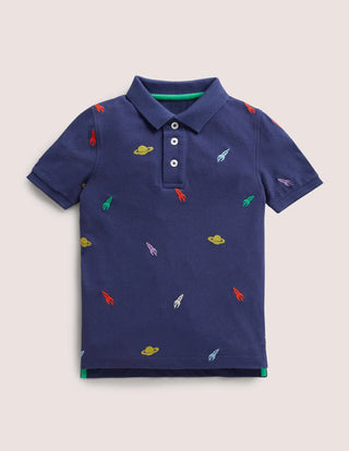 Mini Boden Boy's Short Sleeve Embroidered Pique Polo Shirt in Starboard Blue Space (Slightly Defect)