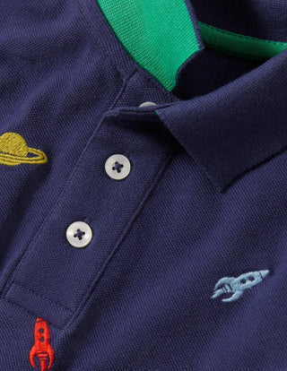 Mini Boden Boy's Short Sleeve Embroidered Pique Polo Shirt in Starboard Blue Space (Slightly Defect)