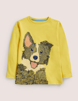 Mini Boden Girl's Superstitch T-shirt in Sweetcorn Yellow Dog