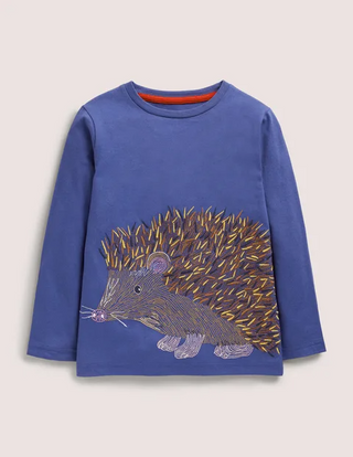 Mini Boden Superstitch T-shirt in Starboard Blue Hedgehog