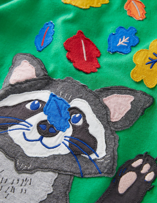 Mini Boden Front & Back Applique T-shirt in Highland Green Racoon (Slightly Defect)