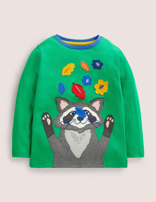 Mini Boden Front & Back Applique T-shirt in Highland Green Racoon