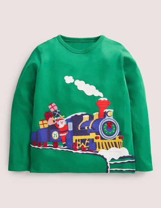 Mini Boden Boy's Festive Deliveries T-shirt in Shady Glade Train (SLIGHTLY DEFECT)