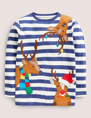 Mini Boden Festive Peeping In T-shirt in Starboard/Ivory Reindeer (Slightlu Defect)