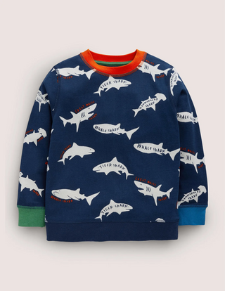 Mini Boden Patterned sweatshirt in School Uniform-Navy/Natural White, Sharks (Slightly Defect)