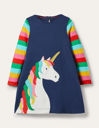 Mini Boden Girl's Rainbow Unicorn Applique Dress in College Navy Unicorn