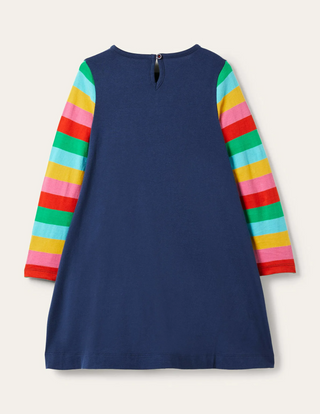 Mini Boden Girl's Rainbow Unicorn Applique Dress in College Navy Unicorn