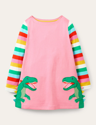 Mini Boden Girl's Fun Applique Tunic in Pink Lemonade Dinosaur