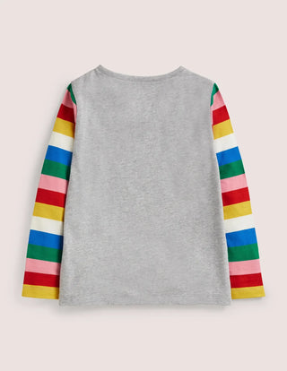 Mini Boden Girl's Graphic Rainbow T-shirt in Grey Marl Skateboarding Cat (Slightly Defect)