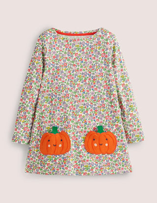 Mini Boden Girl's Halloween Pumpkin Pocket Floral Dress in Ivory Vintage Floral (Slightly Defect)