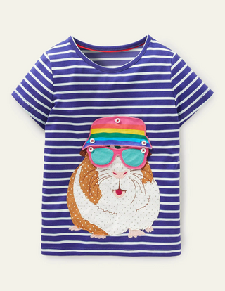 Mini Boden Girl's Build your own Applique Top in Blue Wave / Ivory Guinea Pig (Slightly Defect)