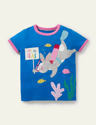 Mini Boden Girl's Applique Ringer T-shirt in Bright Marina Blue Rabbit