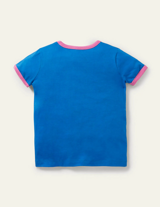 Mini Boden Girl's Applique Ringer T-shirt in Bright Marina Blue Rabbit