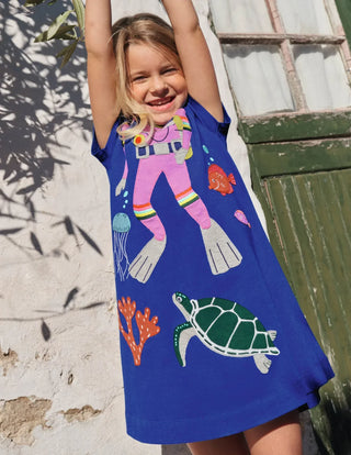 Mini Boden Girl's Fun Big Applique Dress in Blue Wave Diver (Slightly Defect)