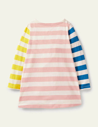 Mini Boden Girl's Long Sleeve Striped Applique Tunic in Ivory/Boto Pink Cake (SLIGHTLY DEFECT)