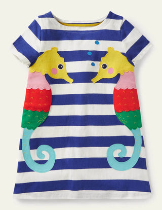 Mini Boden Girl's Applique Tunic in Blue Wave/Ivory Seahorse (Slightly Defect)