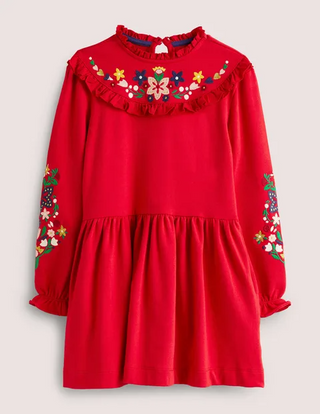 Mini Boden Girl's Embroidered Sweat Dress in Rockabilly Red