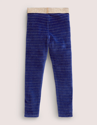 Mini Boden Girl's Sparkle Waist Velvet Leggings in Starboard Blue/Gold