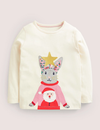 Mini Boden Front & Back T-shirt in Vanilla Pod Christmas Bunny