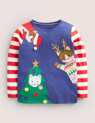 MINI BODEN CHRISTMAS APPLIQUE T-SHIRT IN STARBOARD BLUE FESTIVE CATS (Slightly Defect)