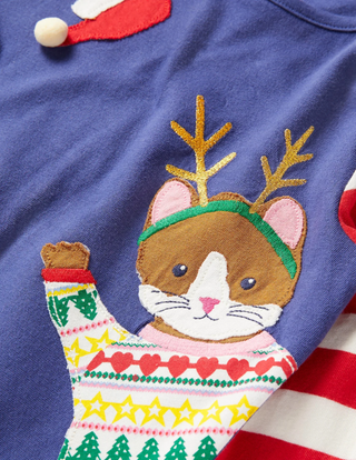 Mini Boden Christmas Applique T-shirt in Starboard Blue Festive Cats