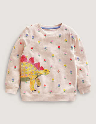 Mini Boden Girl's Superstitch Sweatshirt in Oatmeal Marl Dinosaur