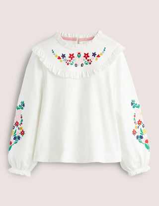 Mini Boden Girl's Embroidered Frilly Top in Ivory (Slightly Defect)