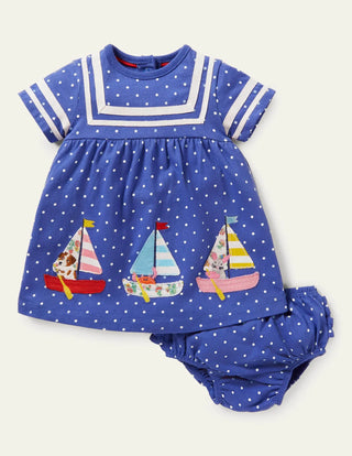 Baby Boden Girl's Sailor Dress in Bluebell Blue Pin Spot Boats (Slightly Defect)