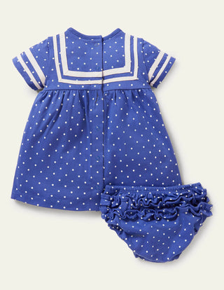 Baby Boden Girl's Sailor Dress in Bluebell Blue Pin Spot Boats