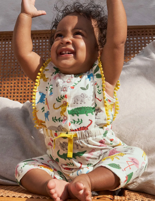 Baby Boden Jersey Ruffle Playsuit in Ivory Jungle Stamp