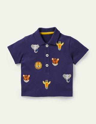 Baby Boden Fun Pique Polo Shirt in Starboard Jungle Animals