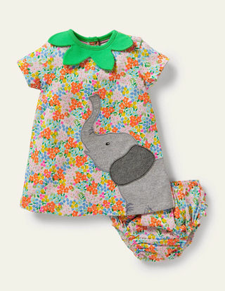 Baby Boden Floral Elephant Dress in Ivory Tropical Flowerbed